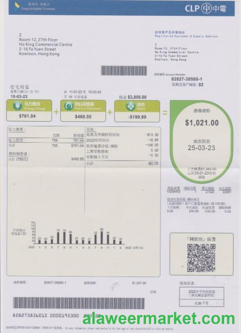 Hong Kong CLP power utility bill